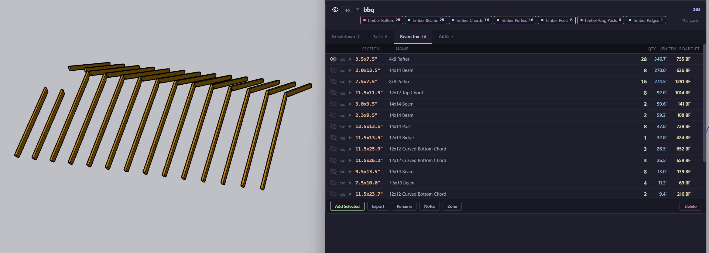 Beam inventory for BBQ structure — 103 parts with sections, quantities, lengths, and board feet